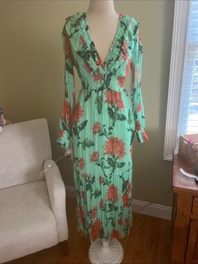 Anthropologie Floral Ruffle V-Neck boho long sleeve maxi dress green small gold